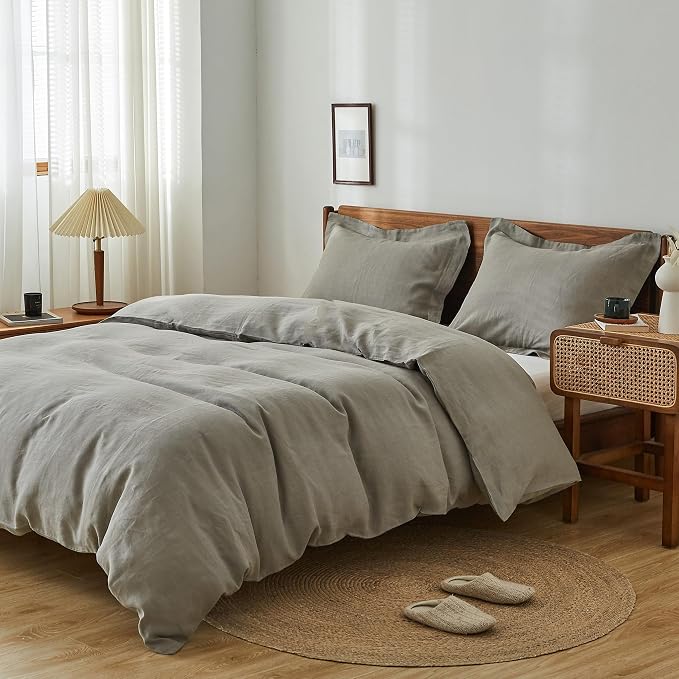 Simple&Opulence 100% Linen Duvet Cover Set, 3 PCS Natural French Flax Dove Grey Duvet Cover Queen Size, Breathable Soft Comfy Linen Bedding Comforter Cover with 2 Pillowcases(Dove Grey, 88"x92")