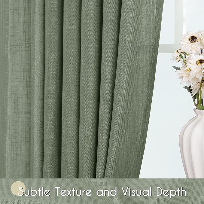 Olive Green Curtains 102 inch Length 2 Panels for Bedroom Back Tab Light Filtering Semi Sheer Drapes Linen Cotton Textured Airy Modern Farmhouse Living Room Sage Aesthetic Decor 52x102
