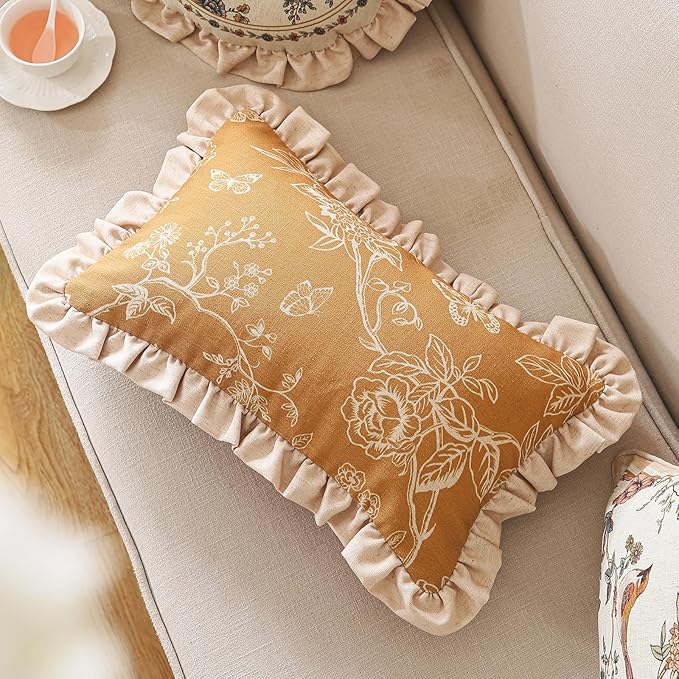 ISAENNE Design Rectangular Floral Linen Throw Pillow Covers 12"x20" Pack of 2, Ginger Simple Elegant Flower Pattern Cushion Covers Decor Pillowcases for Bed,Living Room,Outdoor,Car