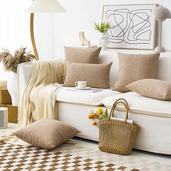 Home Brilliant 2 Pack Burlap Linen European Pillowcases Pillow Sham Large Cushion Covers for Sofa, 24x24 inches(60cm), Natural Linen
