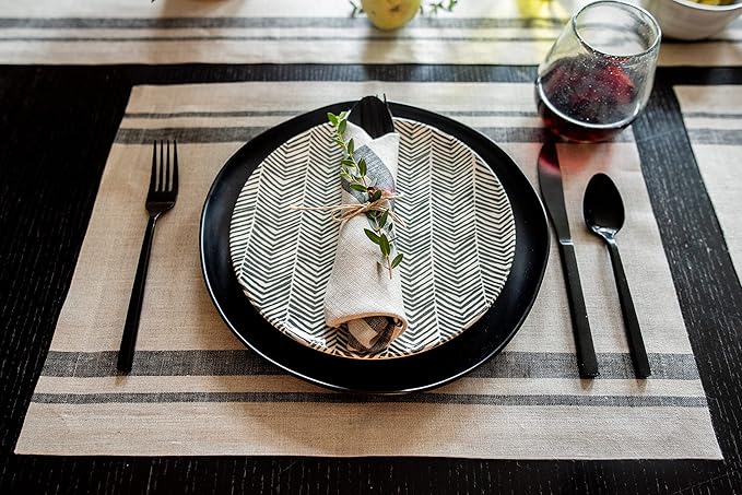Solino Home Linen French Stripe Placemats Set of 4-100% Pure Linen Black and Natural Placemats 14 x 19 Inch for Summer - Handcrafted and Machine Washable