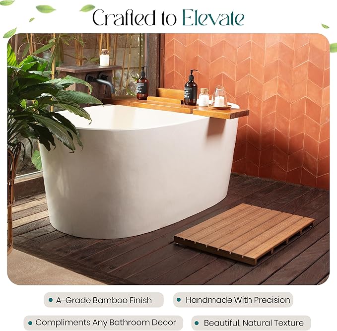 Large Walnut Bamboo Bath Mat – Non-Slip Design Sauna Floor Mat, Secure Grip Pads, Water-Resistant Coating, Durable for Indoor/Outdoor Use, Bamboo Decor