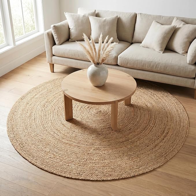 THE BEER VALLEY Jute Braided Area Rug 6 Feet Round - Natural | Reversible Handwoven Circle Rug for Living Room, Bedroom, Nursery - Large Farmhouse Indoor Décor Floor Mat