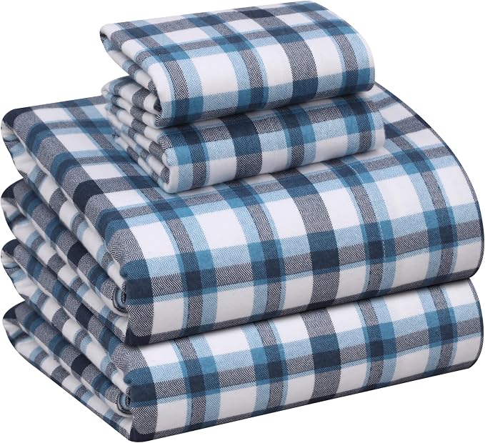 RUVANTI Flannel Sheets King Size - 100% Cotton Double Brushed King Size Sheets Set - Deep Pockets 16 Inches Bed Sheets - All Seasons Breathable & Extra Soft - Warm & Cozy, 4 Piece, Gingham Addition