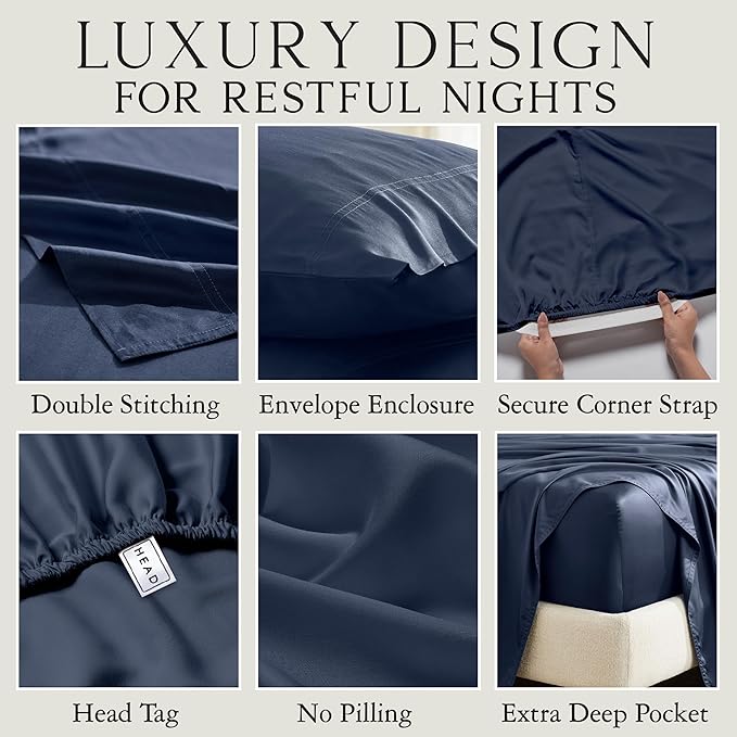 KARISSA MAE Pure Viscose from Bamboo King Size Pillowcase Set | 100% FSC Certified | Luxuriously Soft | Cooling | [Navy]
