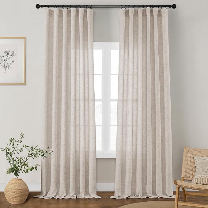 Linen 126 Inch Curtains 2 Panels for Dining Living Room Semi Sheer Light Filtering Farmhouse Curtains with Rod Pocket Hook Belt Privacy Tan Beige Flax Linen Long Window Drapes