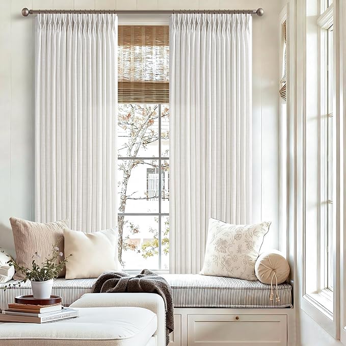 Beige White Linen Pinch Pleated Window Curtains 63 Inch Long Pinch Pleat Back Tab Light Filtering Drapes Rings Hooks Boho Farmhouse Decor Semi Sheer 63 Inch Curtain for Bedroom Living Room Kitchen