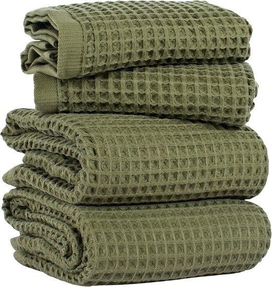 PÜSKÜL 4-Piece Natural 100% Turkish Cotton Luxury Waffle Towels for Bathroom | Premium Honeycomb Weave 2 Hand Towel & 2 Bath Towel Set | Soft Absorbent Quick-Dry Lightweight Towels (Khaki Green)