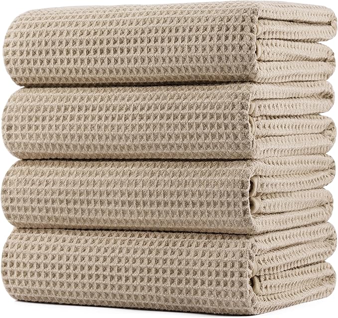 POLYTE 430 GSM Microfiber Oversize Quick Dry Lint Free Bath Towel, 60 x 30 in, 4 Pack (Waffle Weave)