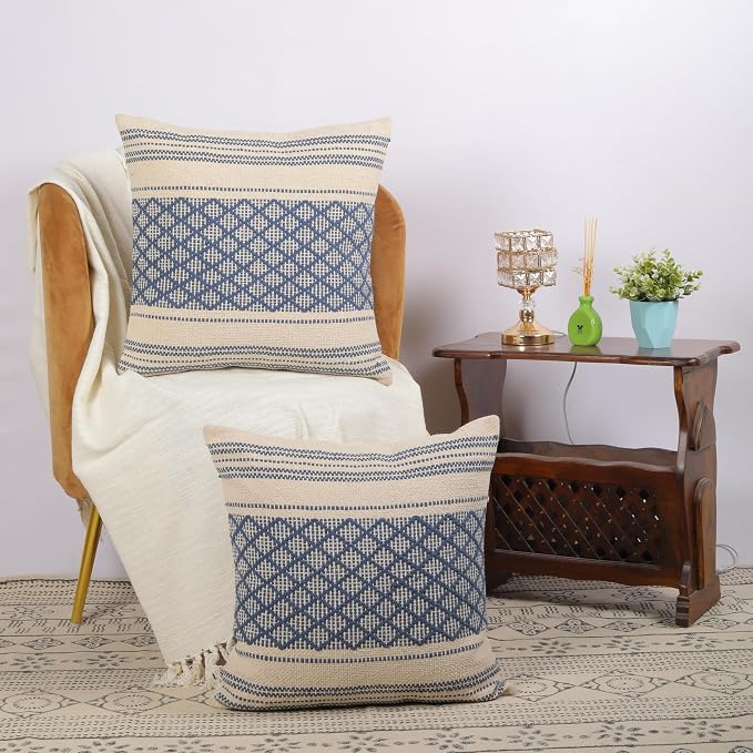 Trade Star Handloomed Pillow Cover Set of 2 Cushion Covers Decorative Cotton Throw Pillow Case Premium Quality Pillow Sham Farmhouse Decor 18x18 Inches