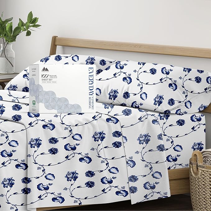 Mayfair Linen 100% Organic Cotton Printed Sheets Twin Size - Percale Weave Cotton Twin Size Sheet Set (4 PC, Floral Blue), Soft & Crisp, GOTS Certified, Cooling Sheets, 16" Deep Pocket