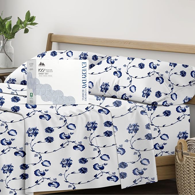 Mayfair Linen 100% Organic Cotton Printed Sheets California King Size - Percale Weave Cotton Cal King Size Sheet Set (4 PC, Floral Blue), Soft & Crisp, GOTS Certified, Cooling Sheets, 16" Deep Pocket