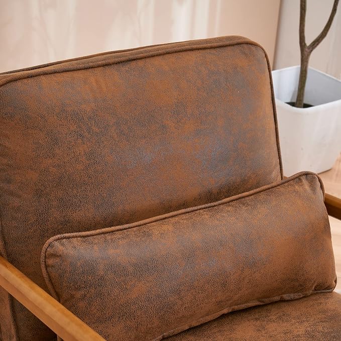 Karl home Mid-Century Modern Accent Reading Chair, Brown | Bronzing Upholstered, Solid Wood Frame, Soft Cushion, Lumbar Pillow, Lounge Armchair for Living Room, Bedroom, Balcony, Study