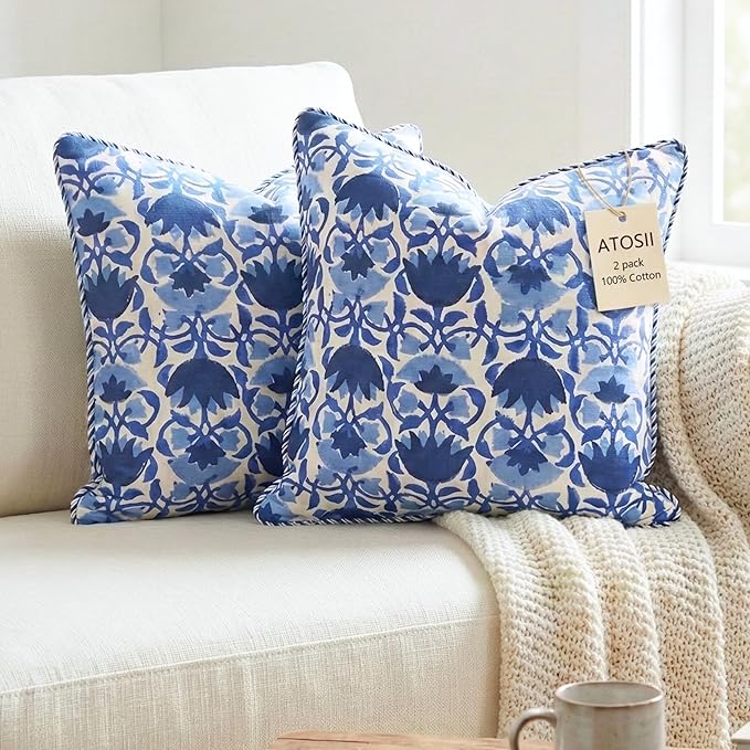 ATOSII Block Print Throw Pillow Covers, 20" X 20" - Set of 2, Decorative Couch Pillows for Living Room Bed Sofa, 100% Cotton Canvas Pillow Case for Home Decor & Outdoors, Preppy Throws - Positano Blue