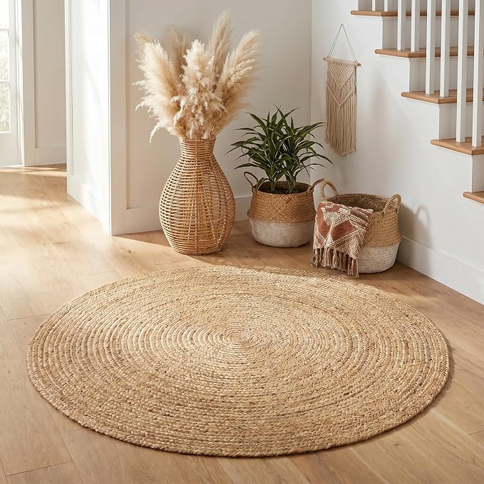 THE BEER VALLEY Jute Braided Area Rug 4 Feet Round - Natural | Reversible Handwoven Farmhouse Circle Rugs for Living Room, Bedroom, Nursery, Kitchen - Rustic Floor Mat for Porch Décor