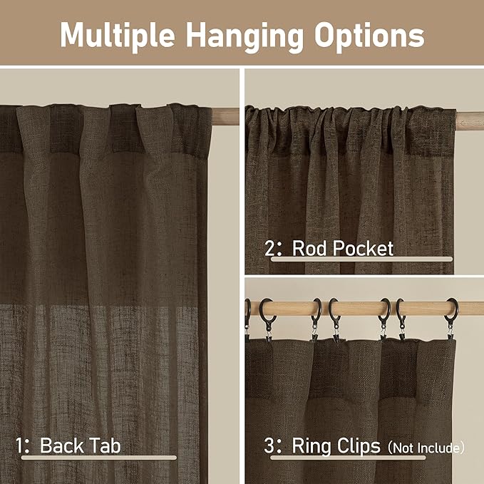 LAMIT Dark Brown 72 inch Linen Curtains for Living Room 2 Panels, Linen Textured Light Filtering Semi Sheer Back Tab and Rod Pocket Farmhouse Curtain Panels for Bedroom/Farmhouse, 52 x 72 Inch