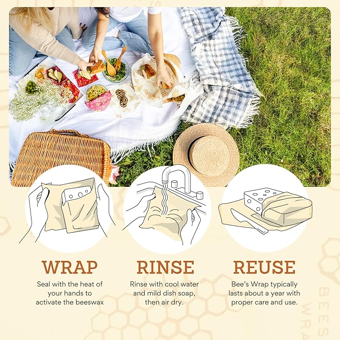 Bee's Wrap Beeswax Wraps for Food - 3 Pack of Assorted Beeswax Wraps - 2 Medium & Sandwich Wrap - Plastic Free Made in USA Reusable Natural Food Wrap - Botanical