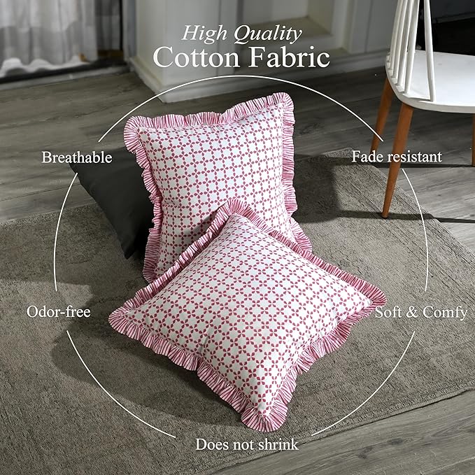 CPC Magenta Pink Hand Block Print 100% Cotton Ruffle Throw Pillow Cover 18x18 inch with Hidden Zipper Decorative for Couch, Bed, Sofa, Farmhouse, Cottagecore Decor Gift Christmas Fall Thanksgiving