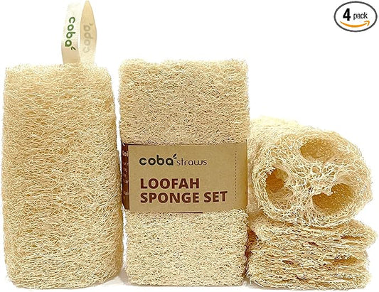 Natural Loofah Sponge Set (4-Pack) | Shower Loofah Exfoliating Body Scrubber for Women & Men | Multi-Use Sponge for Shower, Spa, Kitchen, Pet | 100% Natural, Dye-Free, Eco-Friendly