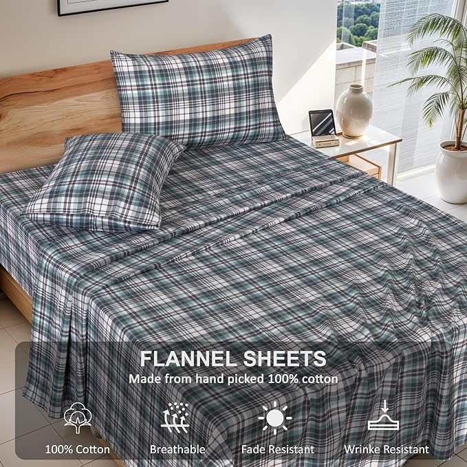 RUVANTI Flannel Sheets King Size - 100% Cotton Double Brushed King Size Sheets Set - Deep Pockets 16 Inches Bed Sheets - All Seasons Breathable & Extra Soft - Warm & Cozy, 4 Piece, Mint Grey