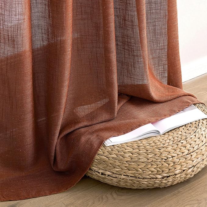 MIULEE Burnt Orange Linen Curtains 54 Inch Length 2 Panels for Bedroom Living Room, Soft Thick Linen Textured Short Window Drapes Semi Sheer Light Filtering Back Tab Burlap Look Fall Decorations