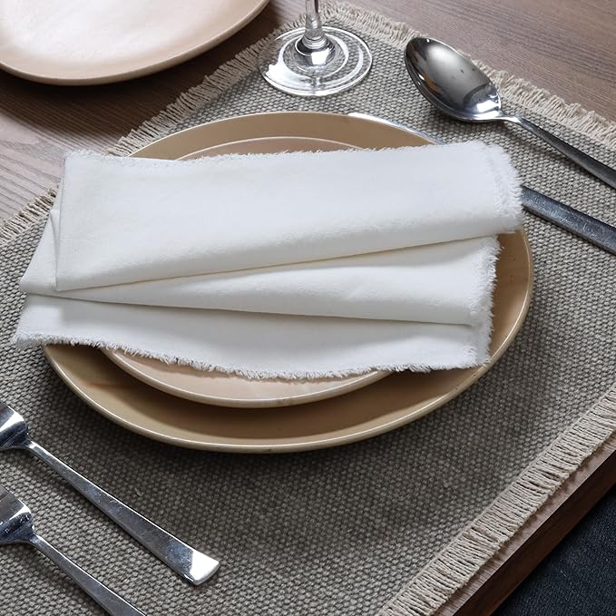 Ramanta Home Cloth Napkins Set of 12 White 18x18 Inch - Spring Soft & Durable Frayed Dinner Napkin for Easter Wedding, Birthday Party | Heavy Weight Fabric Table Linen for Everyday Use Family Dinners