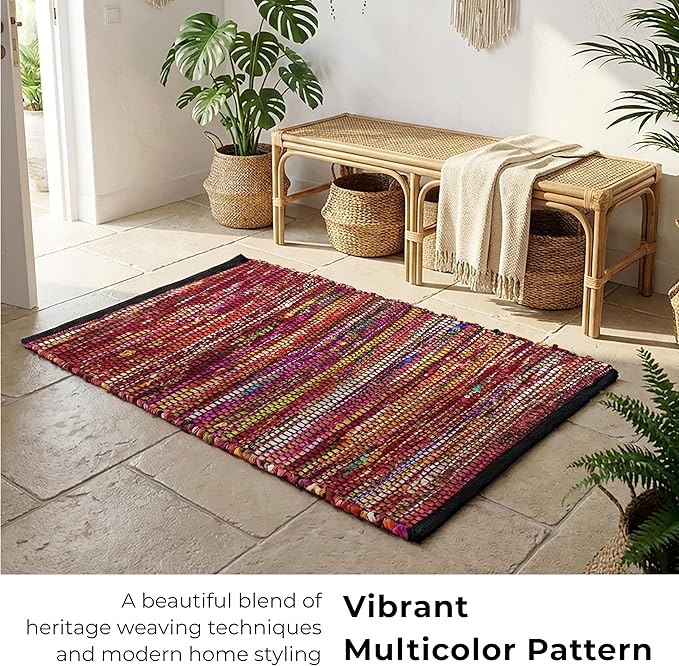 Ramanta Home Cotton Chindi Hand Woven Rug - 2x3 ft Multi Color, Reversible Area Rugs for Indoor, Outdoor, Living Room, Kitchen, Entryway | Boho Door Mat for Home Decor - 24x36 Inches