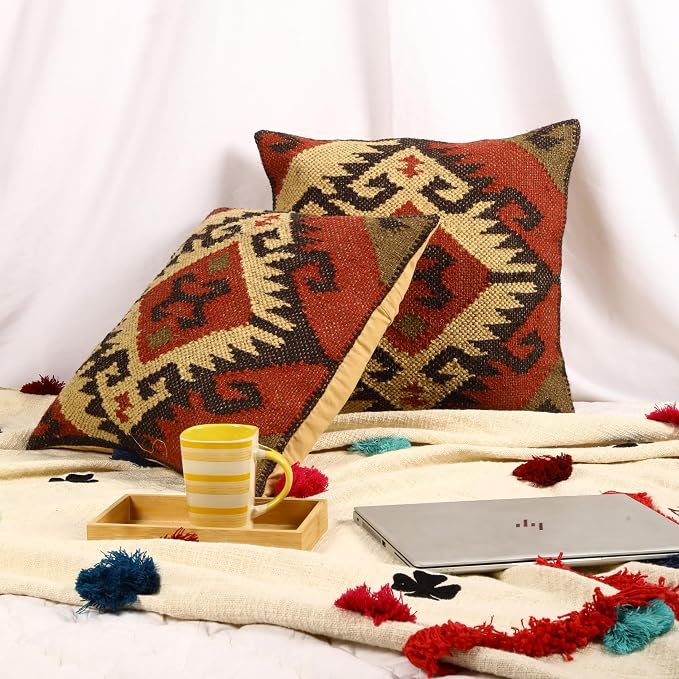 Trade Star Handwoven Rug Decorative Pillowcase Kilim Cushion Cover Set of 2 Throw Pillow Cover 70% Jute 30% Wool Pillow Shams 18x18 Inches Decorative Designer Cushion Cover (Kilim 5)