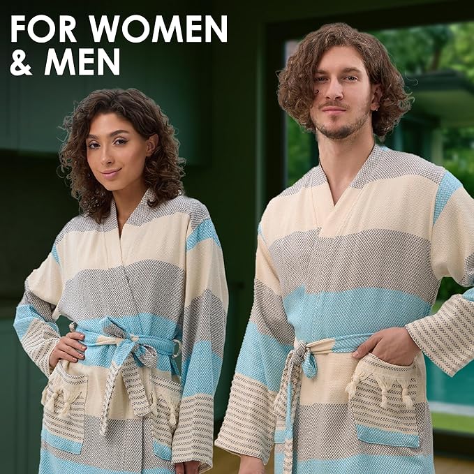 ATANI 100% Turkish Cotton Bathrobe S-XXL for Women & Men – Peshtemal Style Soft Cozy Lounge Robe, Absorbent & Lightweight