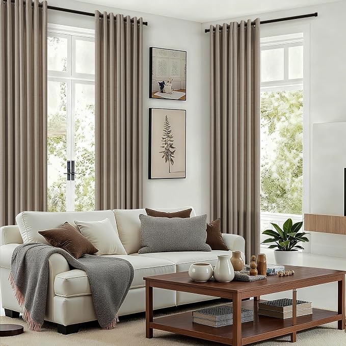 Neutral Linen Semi Sheer Curtains 102 Inches Long Tan Brown Bronze Grommet Flax Burlap Light Filtering Privacy Drapes Boho Farmhouse Floor To Ceiling Window Curtains 2 Panels Set for Living Room