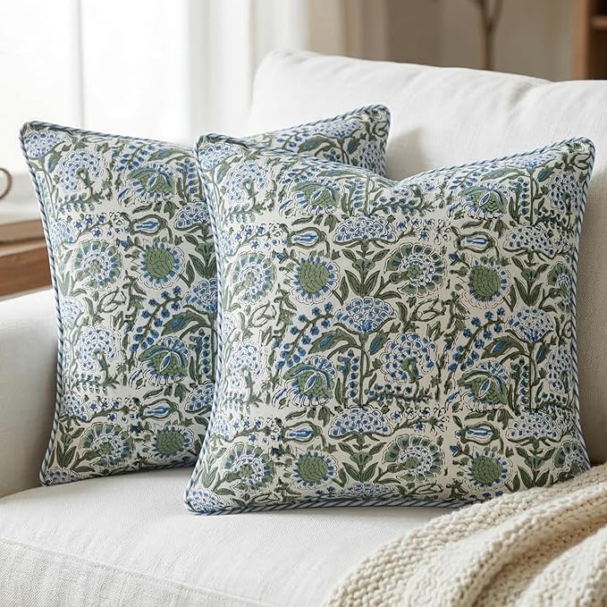 ATOSII Block Print Throw Pillow Covers, 18 X 18 - Set of 2, Decorative Couch Pillows for Living Room Bed Sofa, 100% Cotton Canvas Pillow Case for Home Decor & Outdoors, Preppy Throws - Clover Blue