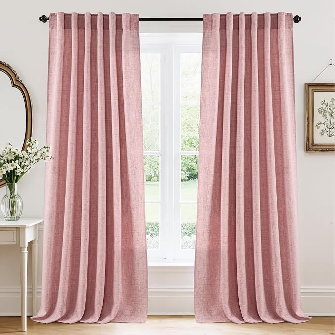 RYB HOME Living Room and Dining Room Curtains and Drapes Linen Sheer, Light Filtering Curtains 90 inches Long, Back Tab/Rod Pocket, Peach Blush, W 52 x L 90 inches, 2 Panels Set