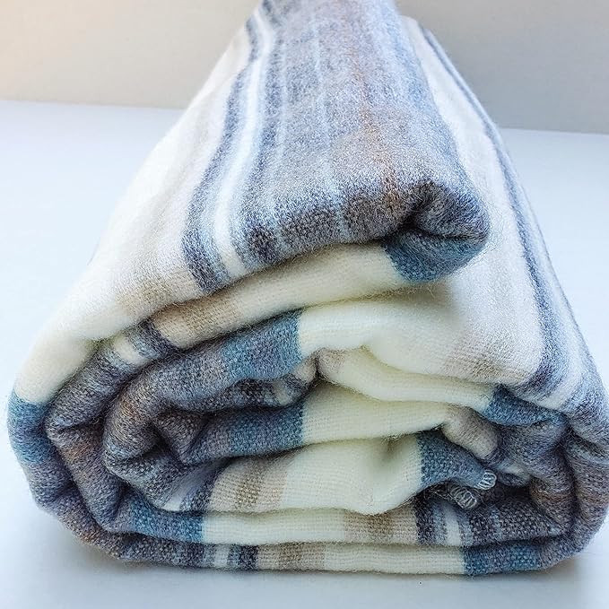 DAVLINA, Alpaca Wool Throw Blanket | Super Soft, Lightweight, Breathable and Hypoallergenic | Non-Itchy or Scratchy (Blue White Varicolored, Striped)