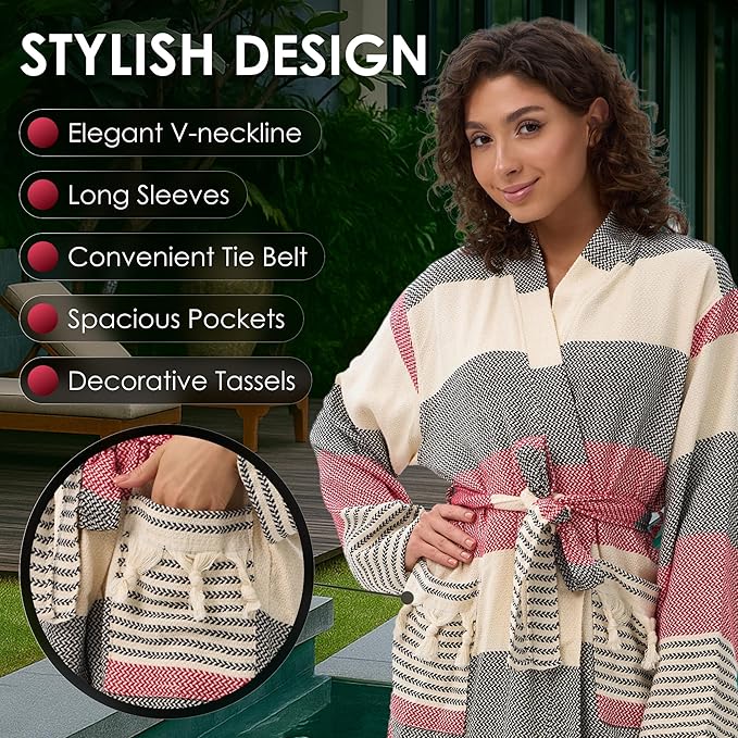ATANI 100% Turkish Cotton Bathrobe S-XXL for Women & Men – Peshtemal Style Soft Cozy Lounge Robe, Absorbent & Lightweight