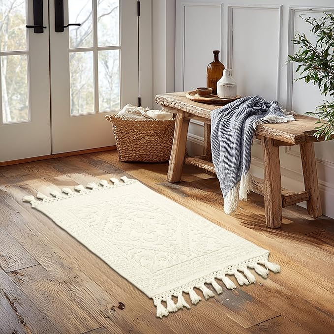 COTTON CRAFT Woven Area Rug - 2 Pack Cotton Jacquard Textured Rug - Boho Farmhouse Rustic Throw Rug with Fringe - Machine Washable Accent Mat for Bedroom Living Room Entryway Nursery - 20x32 - Ivory