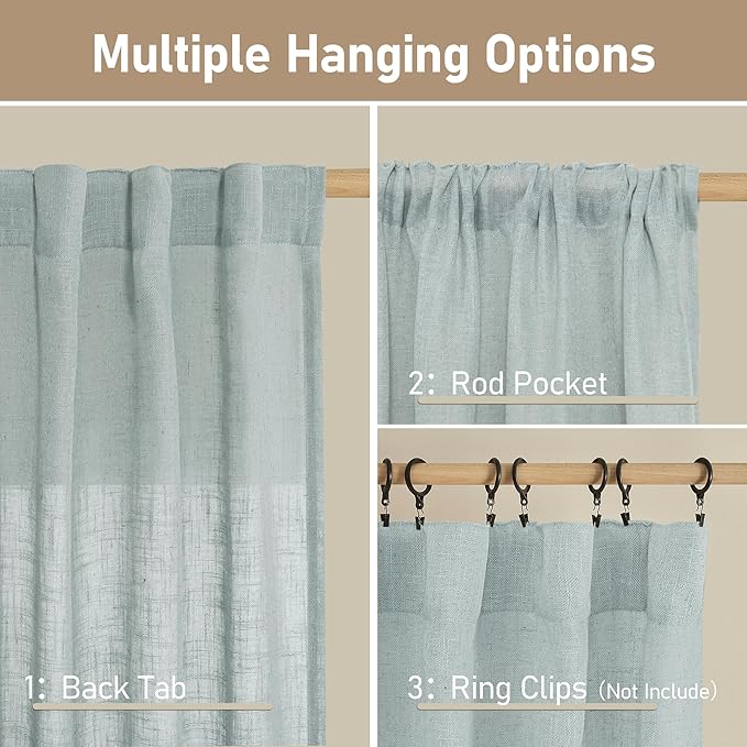 LAMIT Light Filtering Linen Curtains 24 Inch Length 2 Panels, Semi Sheer Window Panels Back Tab and Rod Pocket Neutral Drapes for Bathroom/Kitchen/Loft Room, Greyish Blue, 34 x 24 Inch