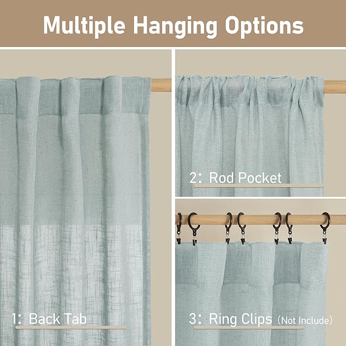 LAMIT Semi Sheer Linen Curtains 54 Inch Length 2 Panels, Greyish Blue Light Filtering Panels Back Tab and Rod Pocket Neutral Drapes for Kitchen/Window/Dining Room, 52 x 54 Inch