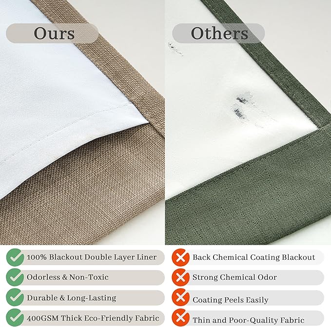 70 Inch Extra Wide Pinch Pleated Dual Layer Heavy Linen Kids Room Curtains 102 Inches Long, Memory Trained Blackout Insulated Curtain Noise Cancelling Textured Windows Drapes for Nursery 2 Panels Set