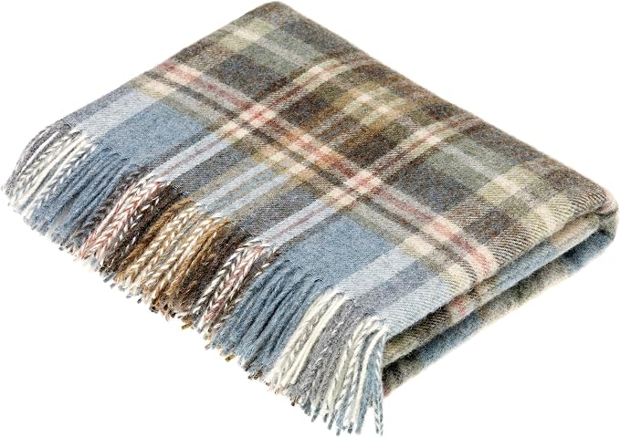 Moon Wool Plaid Throw Blanket, Pure New Wool, Glen Coe Aqua, Made in UK