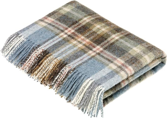Moon Wool Plaid Throw Blanket, Pure New Wool, Glen Coe Aqua, Made in UK