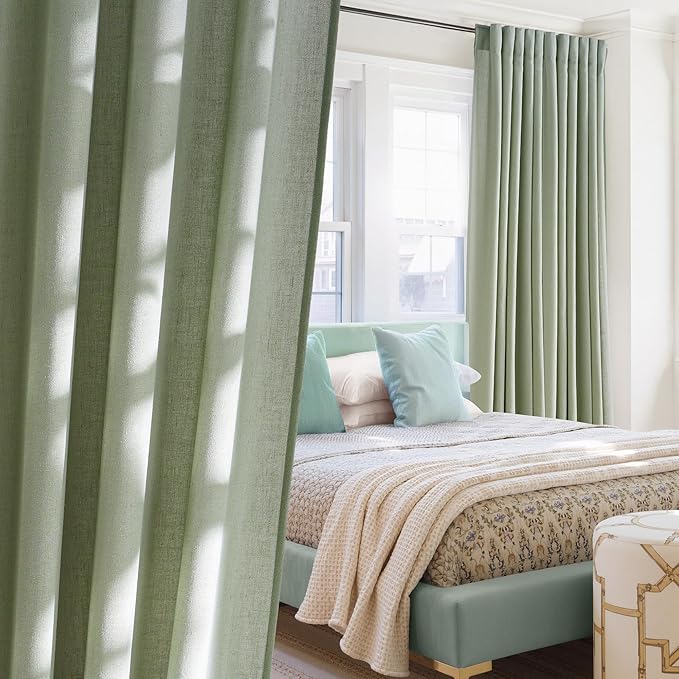 NICETOWN Linen Blend Greyish Green Curtains 84 inches Long 2 Panels Set, Rod Pocket & Back Tab Privacy Added Thick Flax Semi Sheer Window Treatments for Bedroom/Farmhouse, W55 x L84