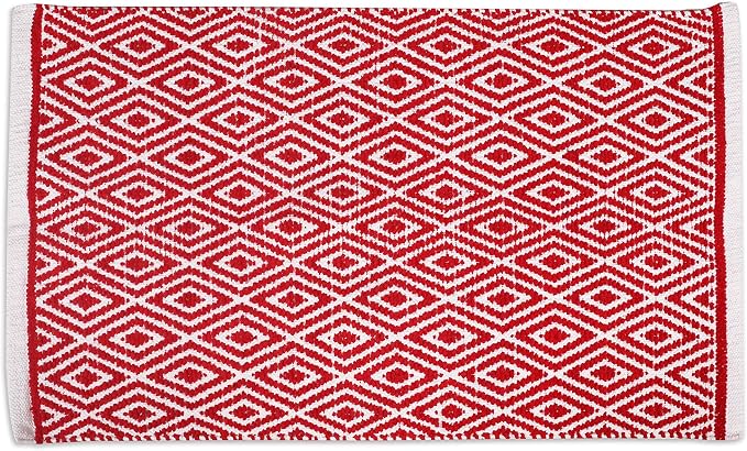 Chenille Cotton Diamond Rug 21x34 Inches - Red, Reversible Small Soft Washable Front Door Mat Ideal for Kitchen, Entryway, Bathroom | Farmhouse Boho Accent Indoor Throw Rugs for Bedroom, Patio
