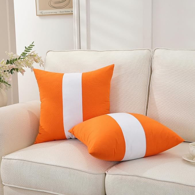 TAOSON Set of 2, Orange 100% Cotton Canvas Patchwork Throw Pillow Covers 18x18 Inch, Modern White Striped Farmhouse Decor Cushion Covers for Sofa Couch Bedroom Living Room