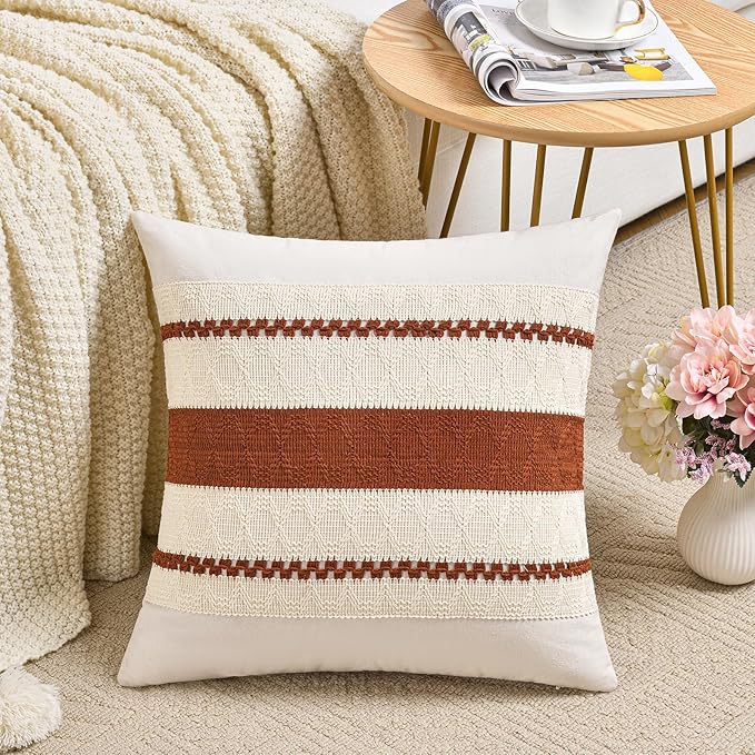 Fancy Homi Set of 2 Rust Boho Decorative Throw Pillow Covers 22x22 Inch for Couch Bed Sofa, Aesthetic Modern Organic Fall Room Decor, Soft Cotton Cute Terracotta Textured Farmhouse Cushion Case