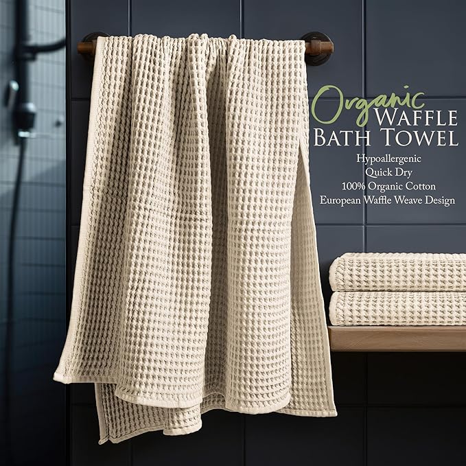 Softerry European Waffle Weave Bath Towel Set - 100% Organic Cotton - Quick Dry Lint Free Thin and Absorbent - Fade Resistant - Eco-Friendly (Set of 2 Bath, Natural)