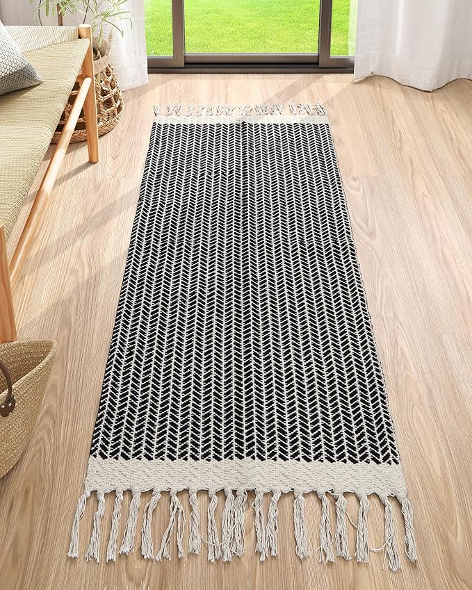 Lahome Belle Boho Rugs for Entryway, 2x5 Laundry Room Rug Lightweigh Cotton Washable Runner Rug with Tassels, Farmhouse Black Bath Door Mats Indoor Non Shedding Runners for Hallways Bedroom