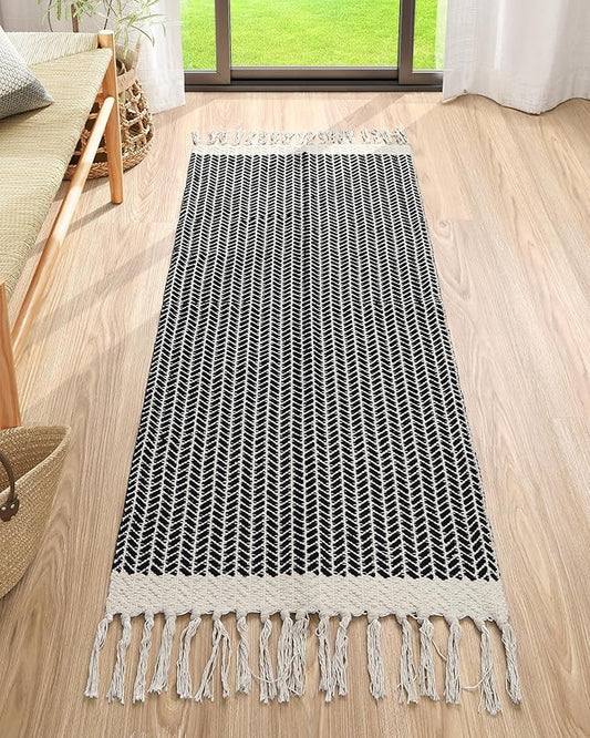Lahome Belle Boho Rugs for Entryway, 2x5 Laundry Room Rug Lightweigh Cotton Washable Runner Rug with Tassels, Farmhouse Black Bath Door Mats Indoor Non Shedding Runners for Hallways Bedroom