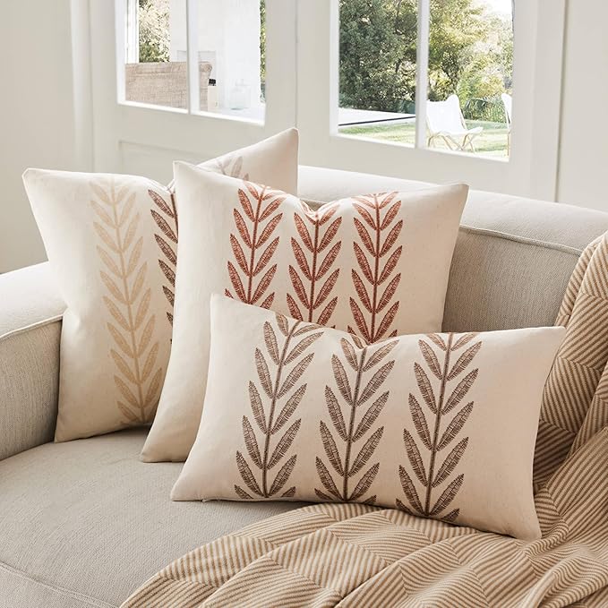 100% Cotton Farmhouse Leaves Lumbar Throw Pillow Covers Set of 2, 12x20 Inch Mixed Beige Pastoral Decorative Print Cushion Covers for Sofa Bed Living Room Home Decor