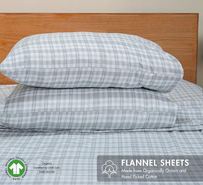 RUVANTI Flannel Sheets Full Size - GOTS Certified 100% Organic Cotton, 4 Piece Warm, Soft & Breathable Set, Deep Pocket Snug Fit, Double Brushed Cozy All Season Bedding, Timeless Tartan