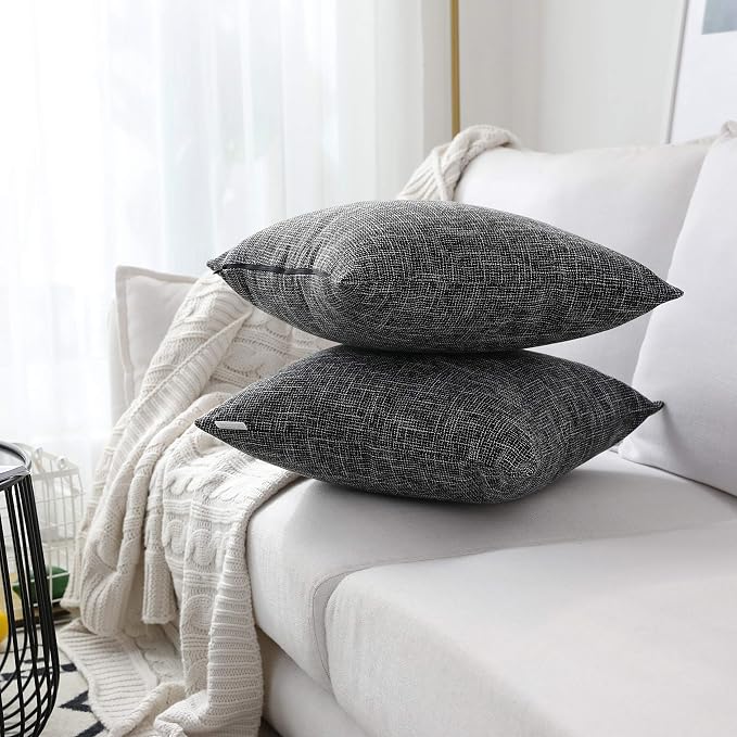 Kevin Textile Set of 2 Decorative Pillows Covers for Couch Star Faux Linen Sofa Pillows Cover 24 x 24 inch, 61x61cm, Black